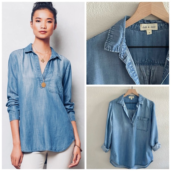 Anthropologie Tops - ANTHROPOLOGIE M CLOTH & STONE Etta Chambray Popover Tencel Denim Shirt Blouse